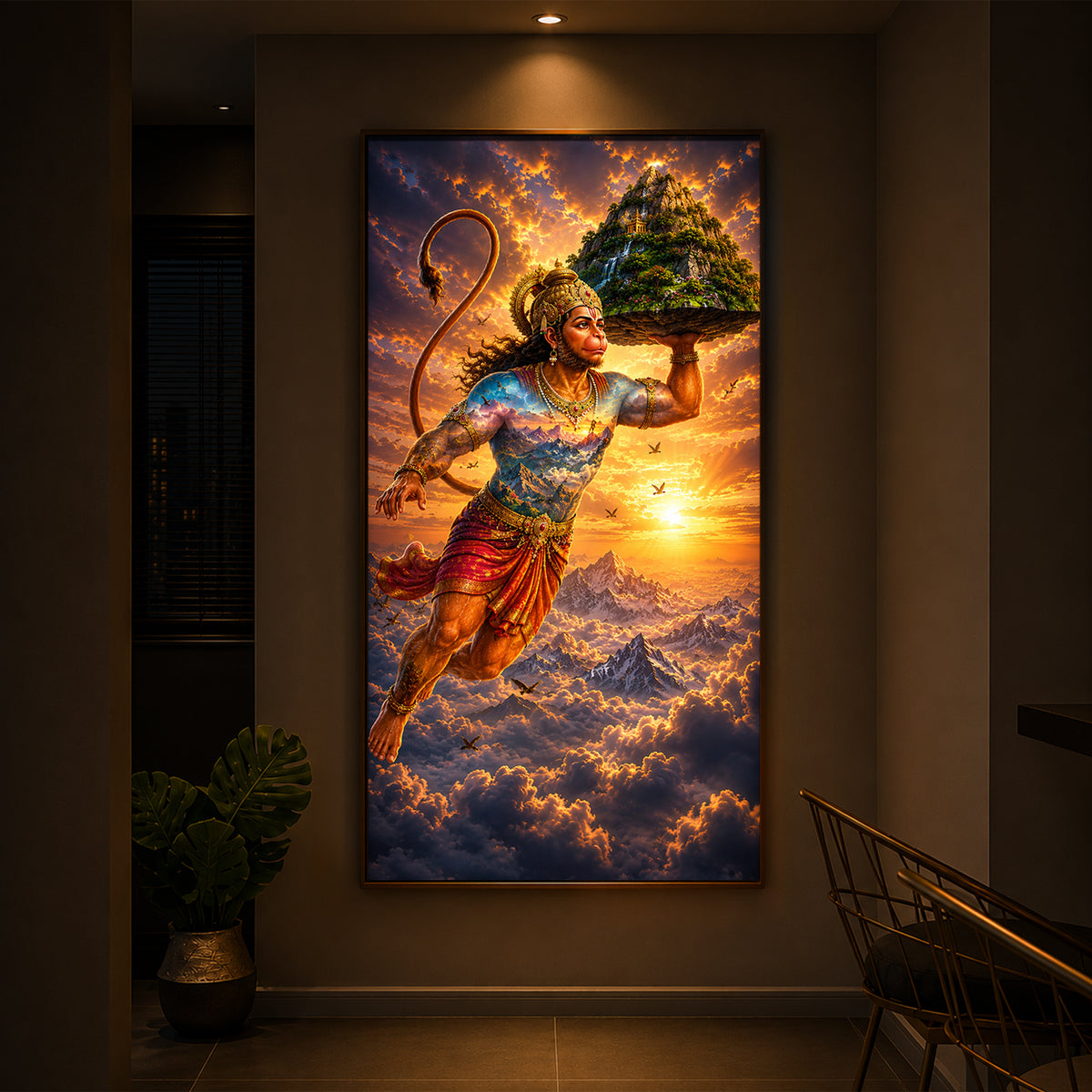 Lord Hanuman Carrying Sanjeevani Mountain Modern Luxury Backlight Vertical Wall Art