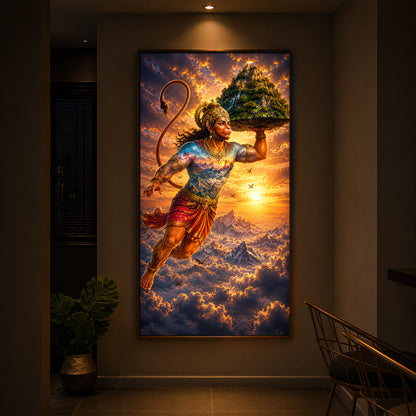 Lord Hanuman Carrying Sanjeevani Mountain Modern Luxury Backlight Vertical Wall Art