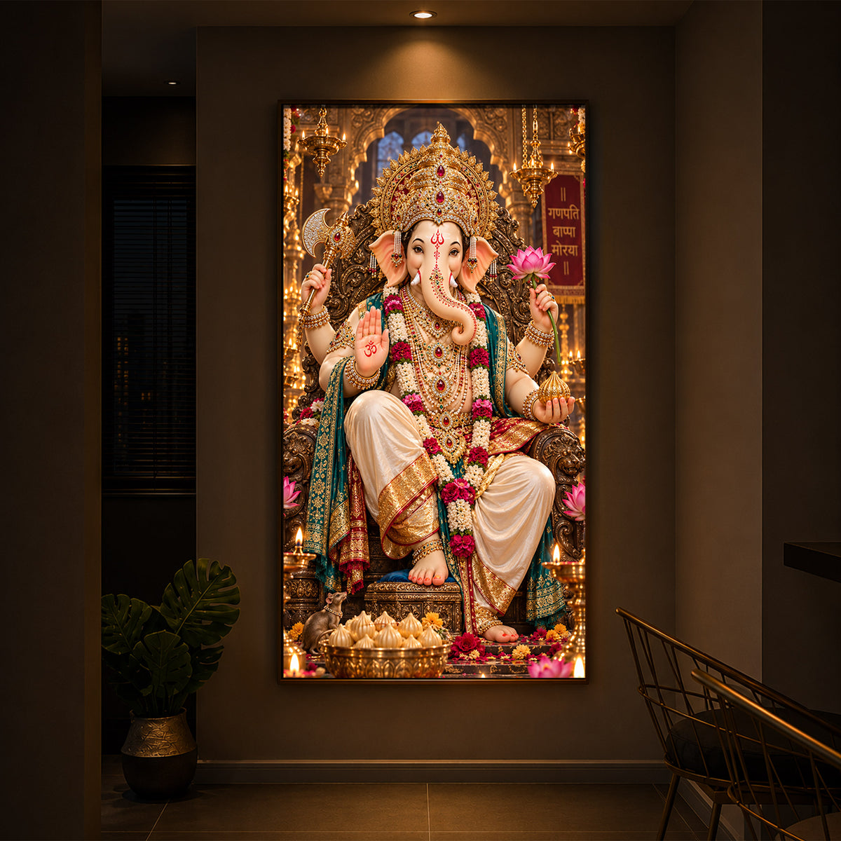 Ganapati Bappa Divine Blessings Modern Luxury Backlight Vertical Wall Art