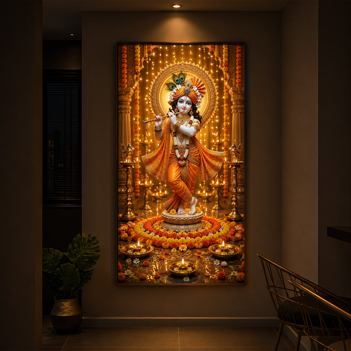 Beautiful Divine Krishna With Flute Modern Luxury Backlight Vertical Wall Art