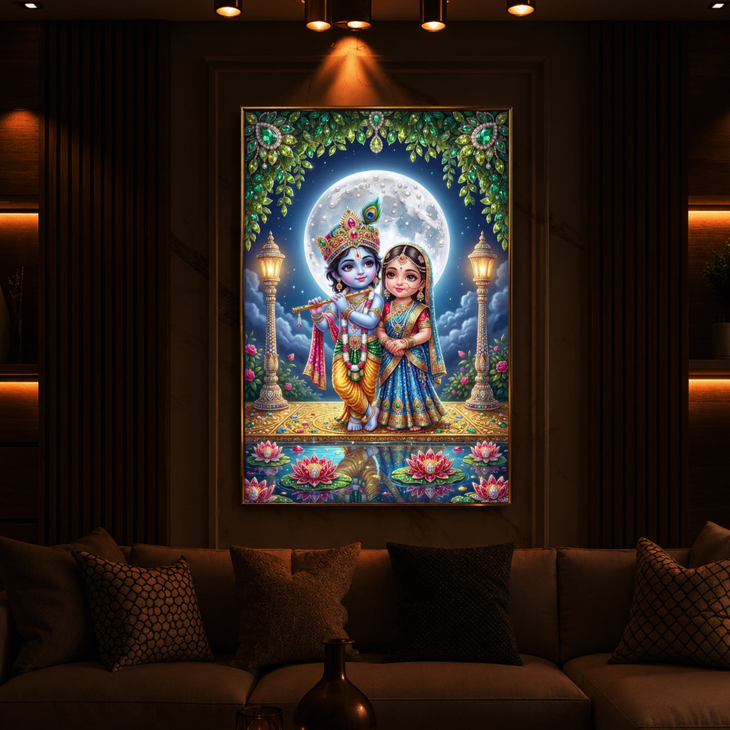 Little Radha Krishna Modern Luxury Backlight Vertical Wall Art