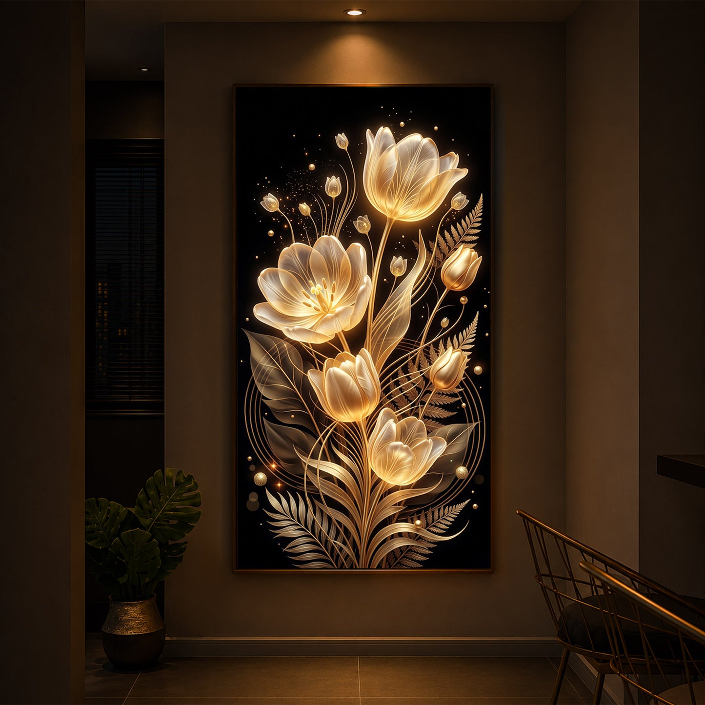 Golden Luminous Tulip Modern Luxury Backlight Vertical Wall Art