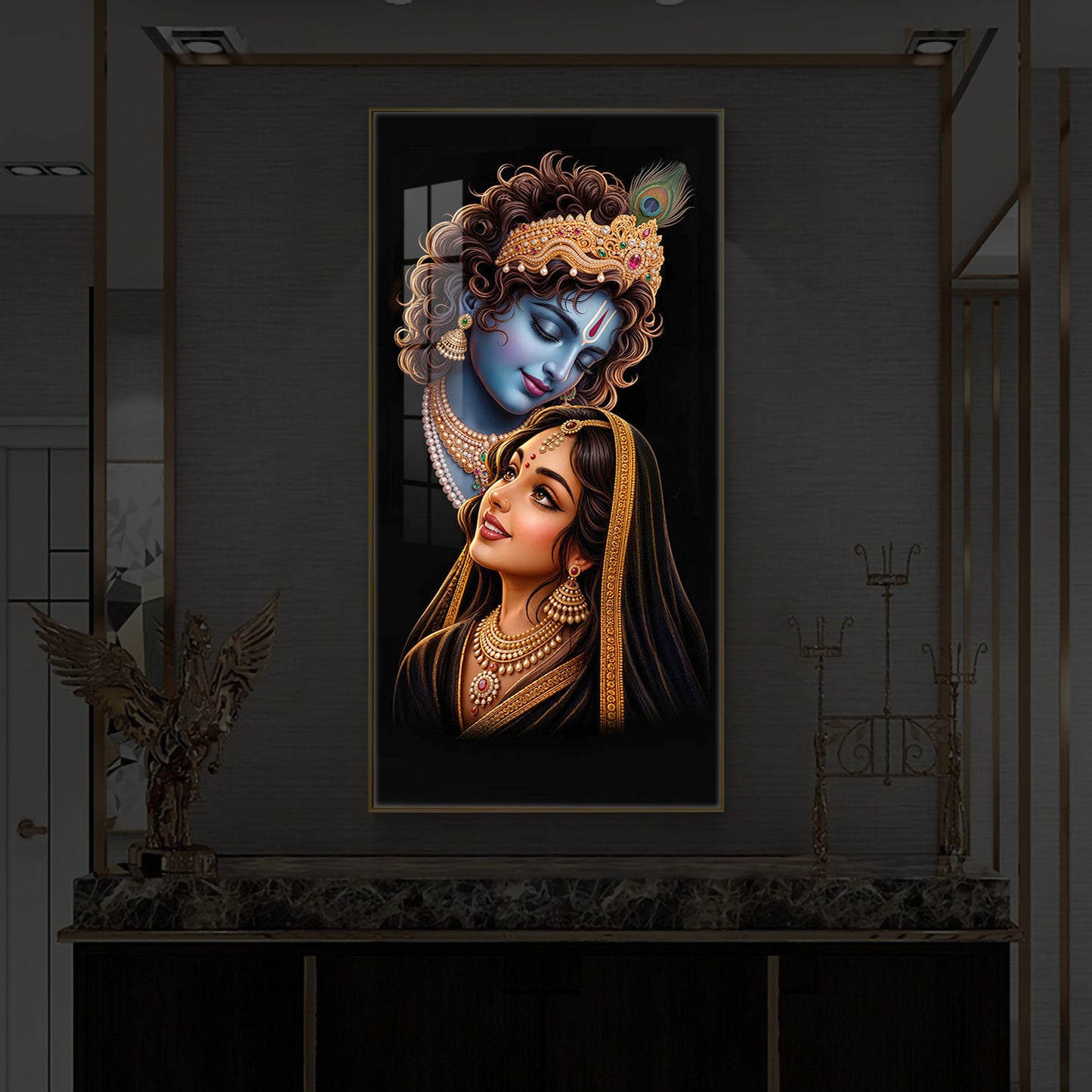 Hindu Deities Shri Radha Krishna Modern Luxury Backlight Vertical Wall Art