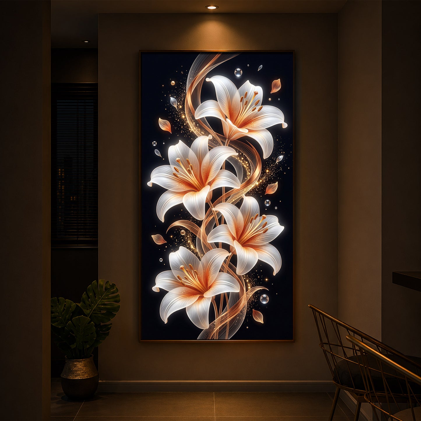 Glowing Golden Lily Modern Luxury Backlight Vertical Wall Art