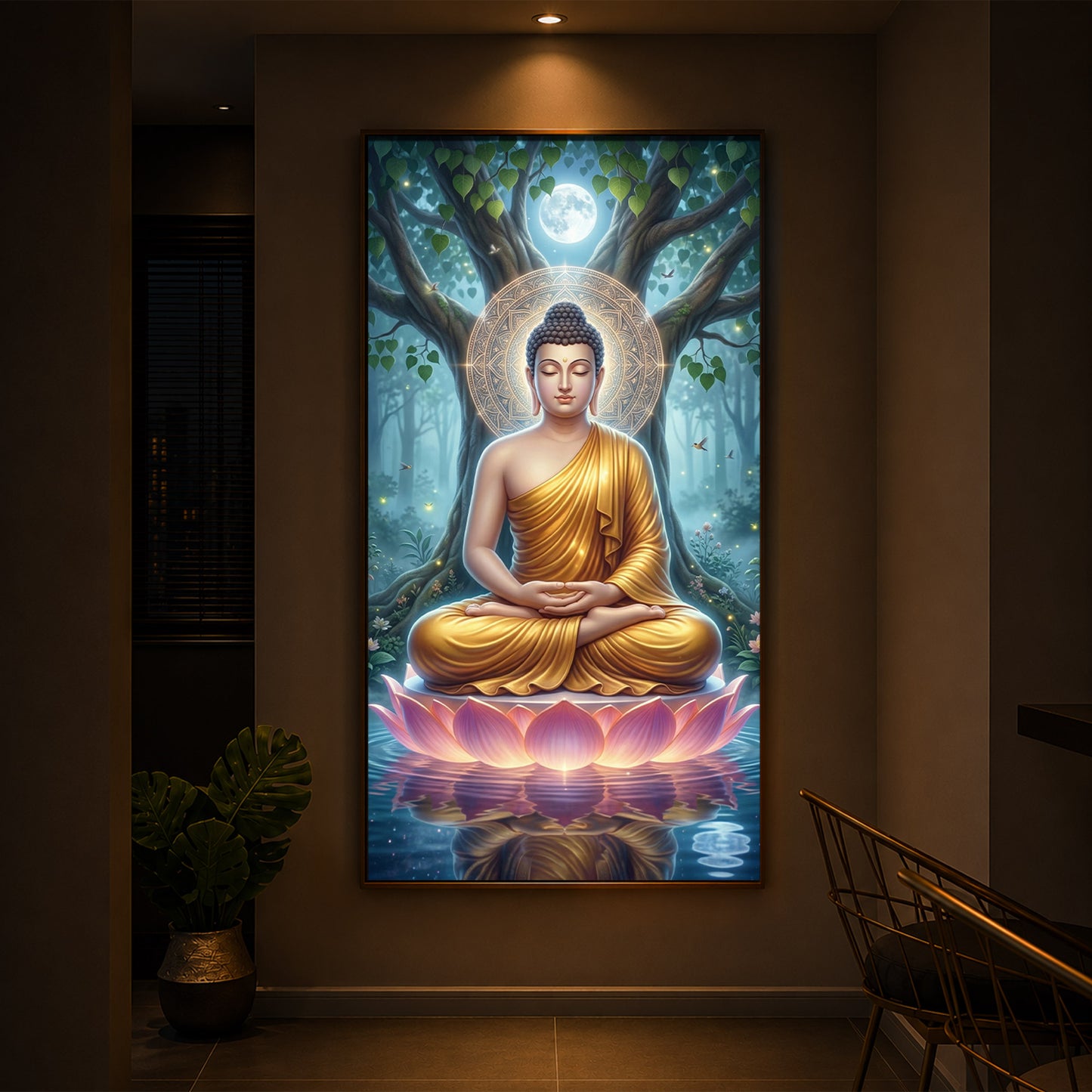 Meditation Buddha Modern Luxury Backlight Vertical Wall Art