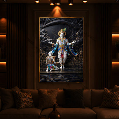 Lord Krishna With Arjuna Modern Luxury Backlight Vertical Wall Art