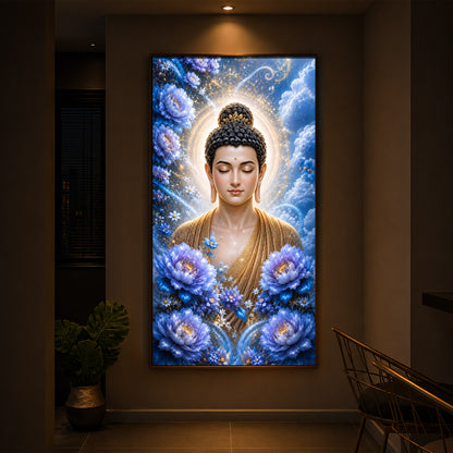Divine Buddha Glowing Aura Modern Luxury Backlight Vertical Wall Art