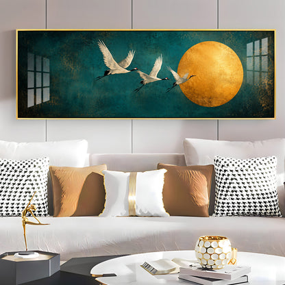 Three Cranes Golden Sun Teal Premium Acrylic Horizontal Wall Art