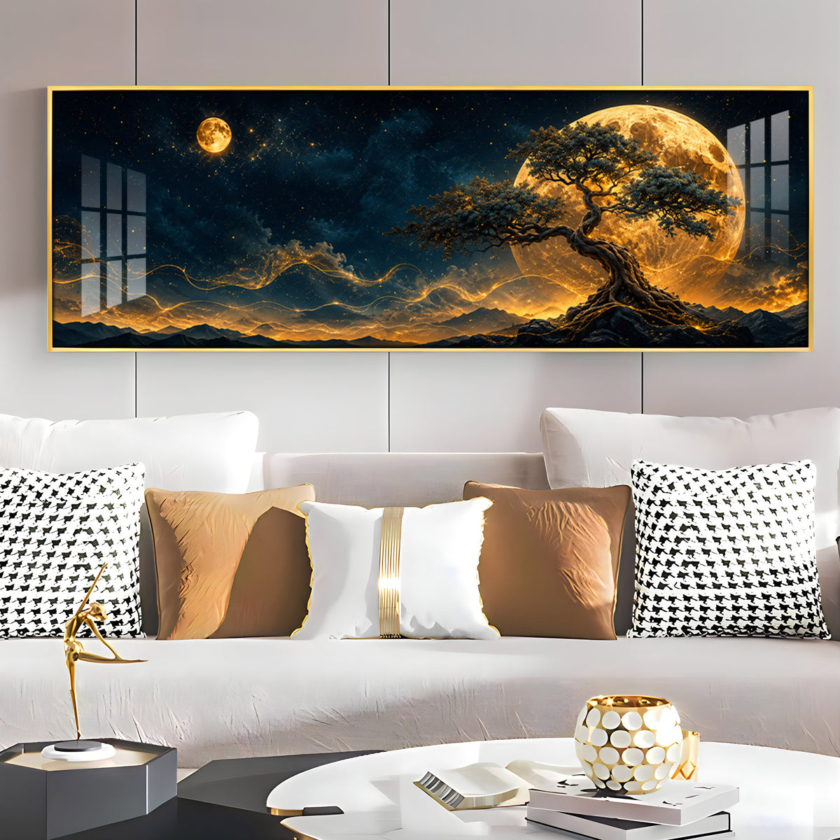 Golden Full Moon Bonsai Tree Premium Acrylic Horizontal Wall Art
