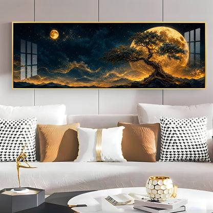 Golden Full Moon Bonsai Tree Premium Acrylic Horizontal Wall Art