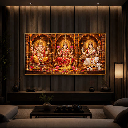 Maa Lakshmi, Lord Ganesha & Goddess Saraswati Modern Luxury Backlight Horizontal Wall Art