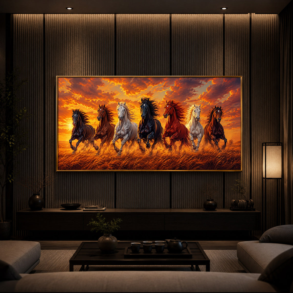 7 Running Horses With Sunset Modern Luxury Backlight Horizontal Wall Art