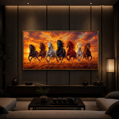 7 Running Horses With Sunset Modern Luxury Backlight Horizontal Wall Art