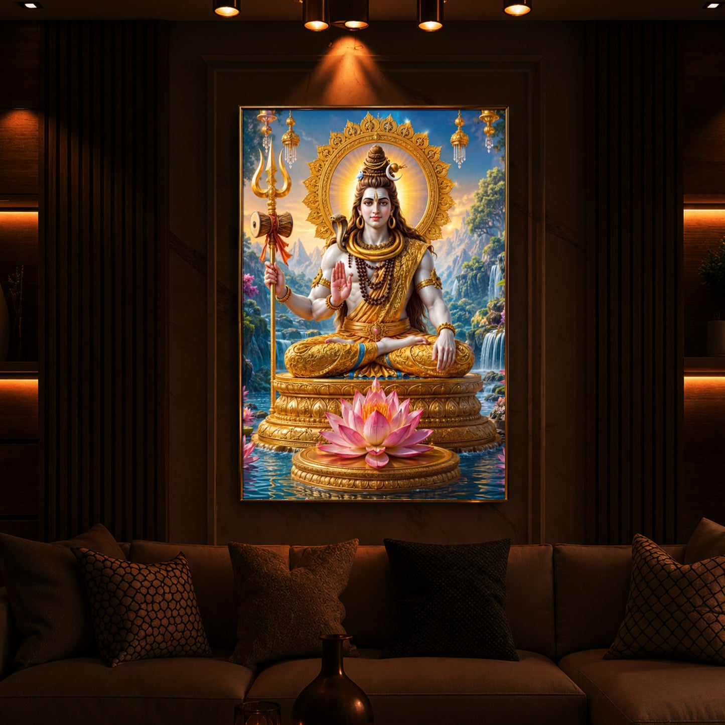 Lord Shiva Seated In Deep Meditation Modern Luxury Backlight Vertical Wall Art