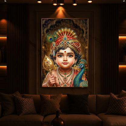 Little Murugan With Peacock Modern Luxury Backlight Vertical Wall Art