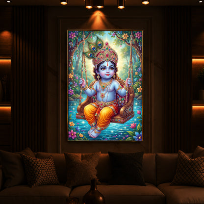 Divine Lord Krishna Modern Luxury Backlight Vertical Wall Art