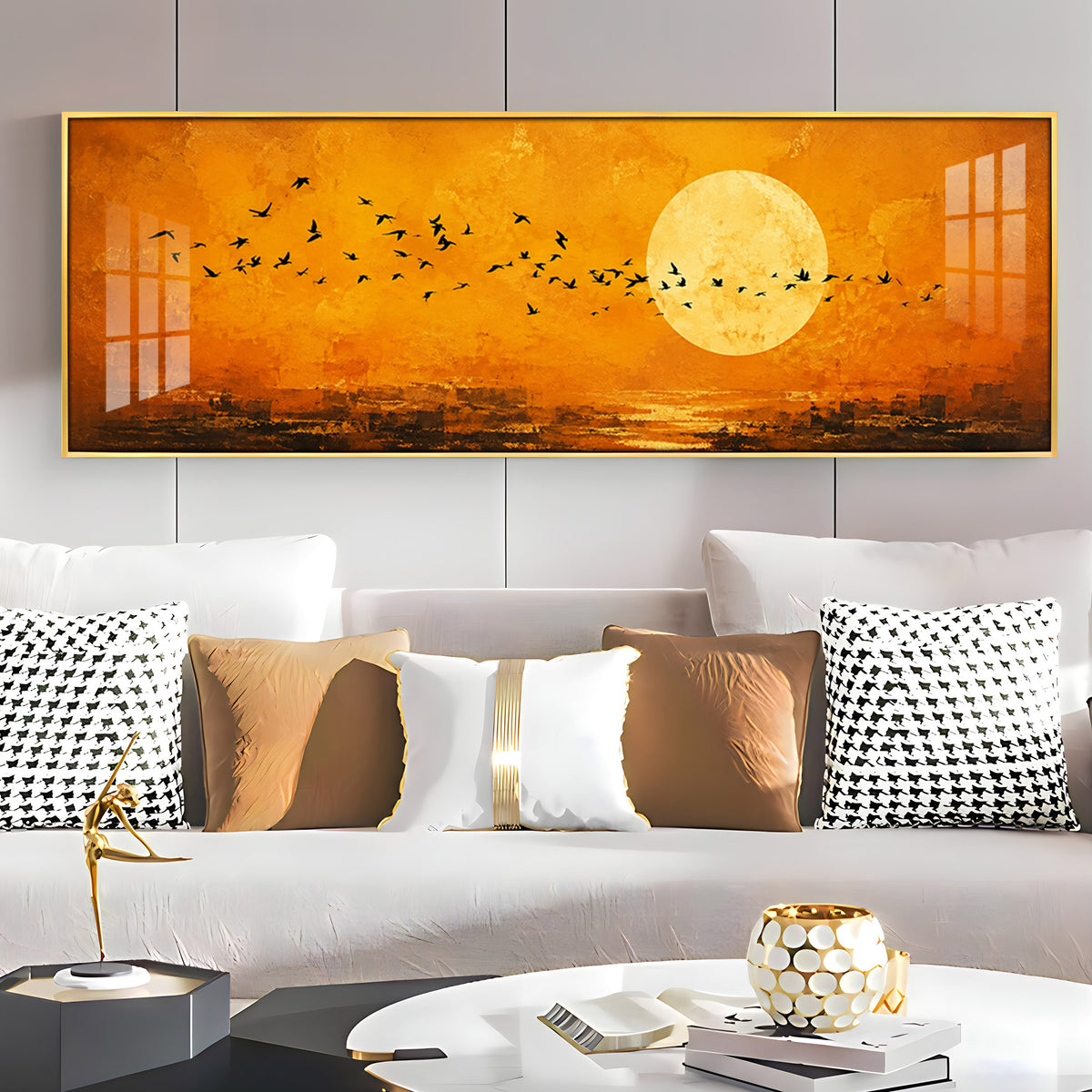 Flocking Birds Golden Sun Premium Acrylic Horizontal Wall Art