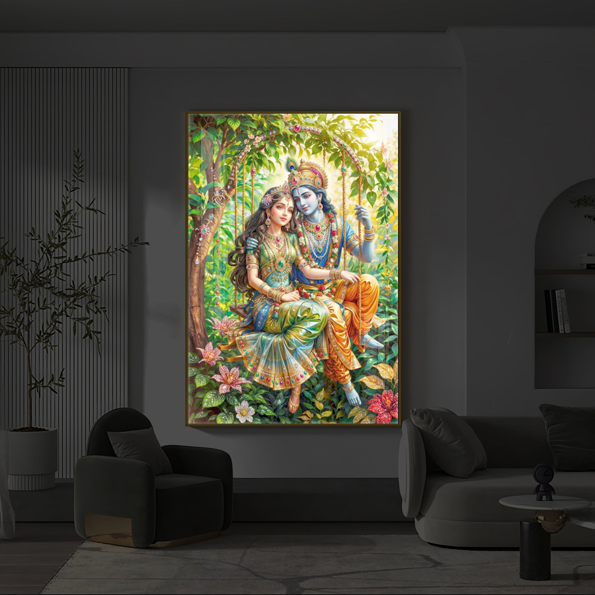 Radha Krishna Modern Luxury Backlight Vertical Wall Art