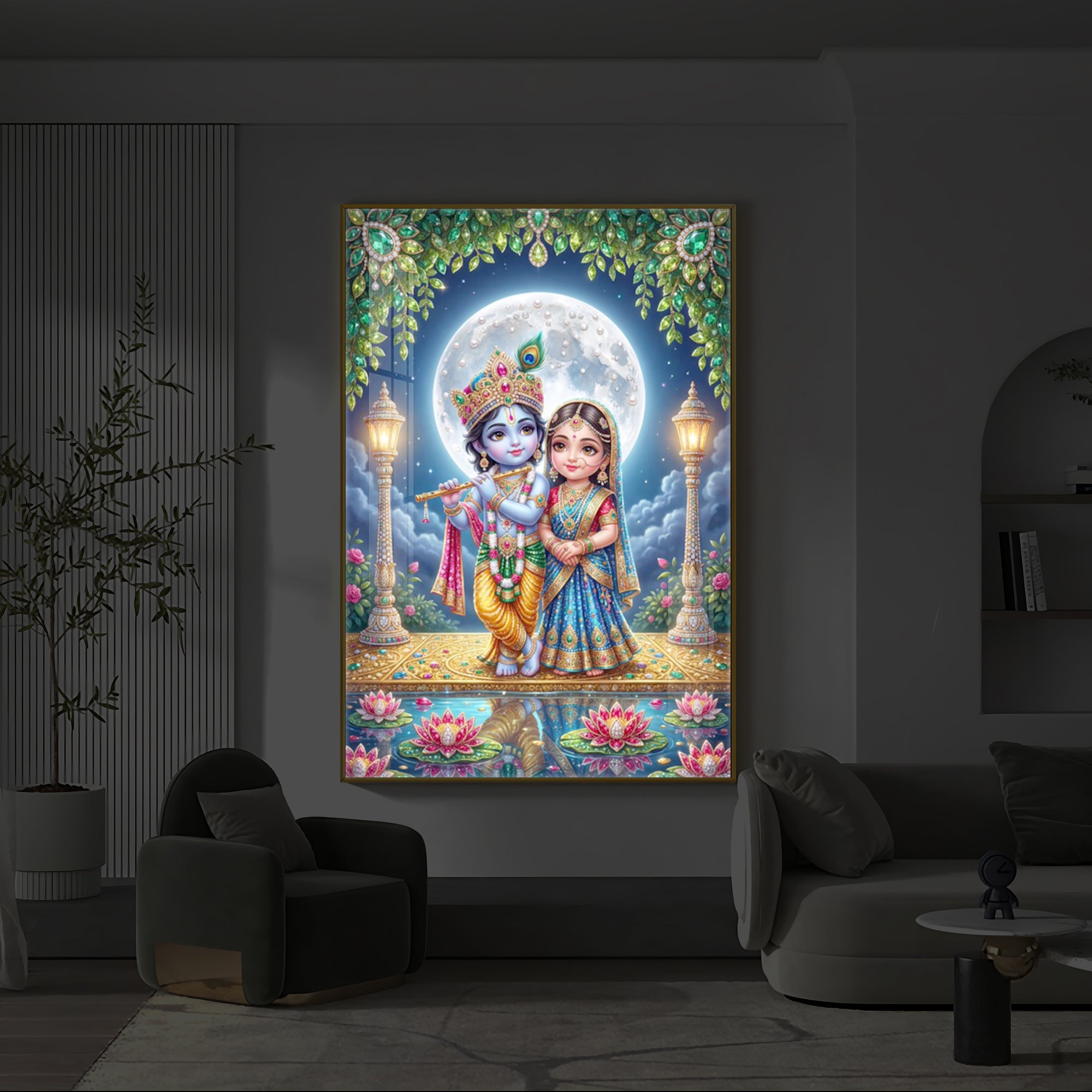 Little Radha Krishna Modern Luxury Backlight Vertical Wall Art