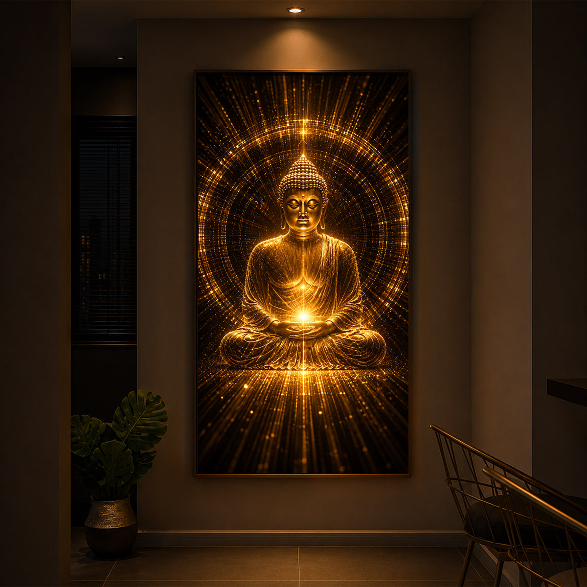 Golden Buddha Meditation Posture Modern Luxury Backlight Vertical Wall Art