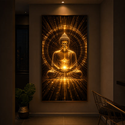 Golden Buddha Meditation Posture Modern Luxury Backlight Vertical Wall Art