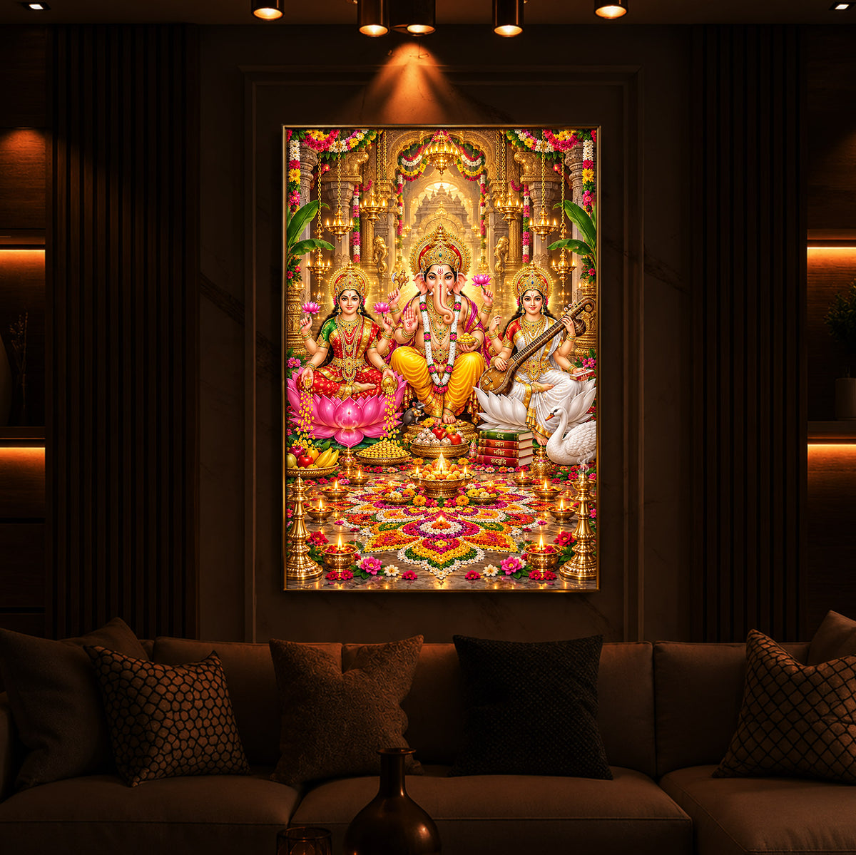 Maa Lakshmi, Lord Ganesha and Goddess Saraswati Modern Luxury Backlight Vertical Wall Art