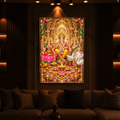 Maa Lakshmi, Lord Ganesha and Goddess Saraswati Modern Luxury Backlight Vertical Wall Art