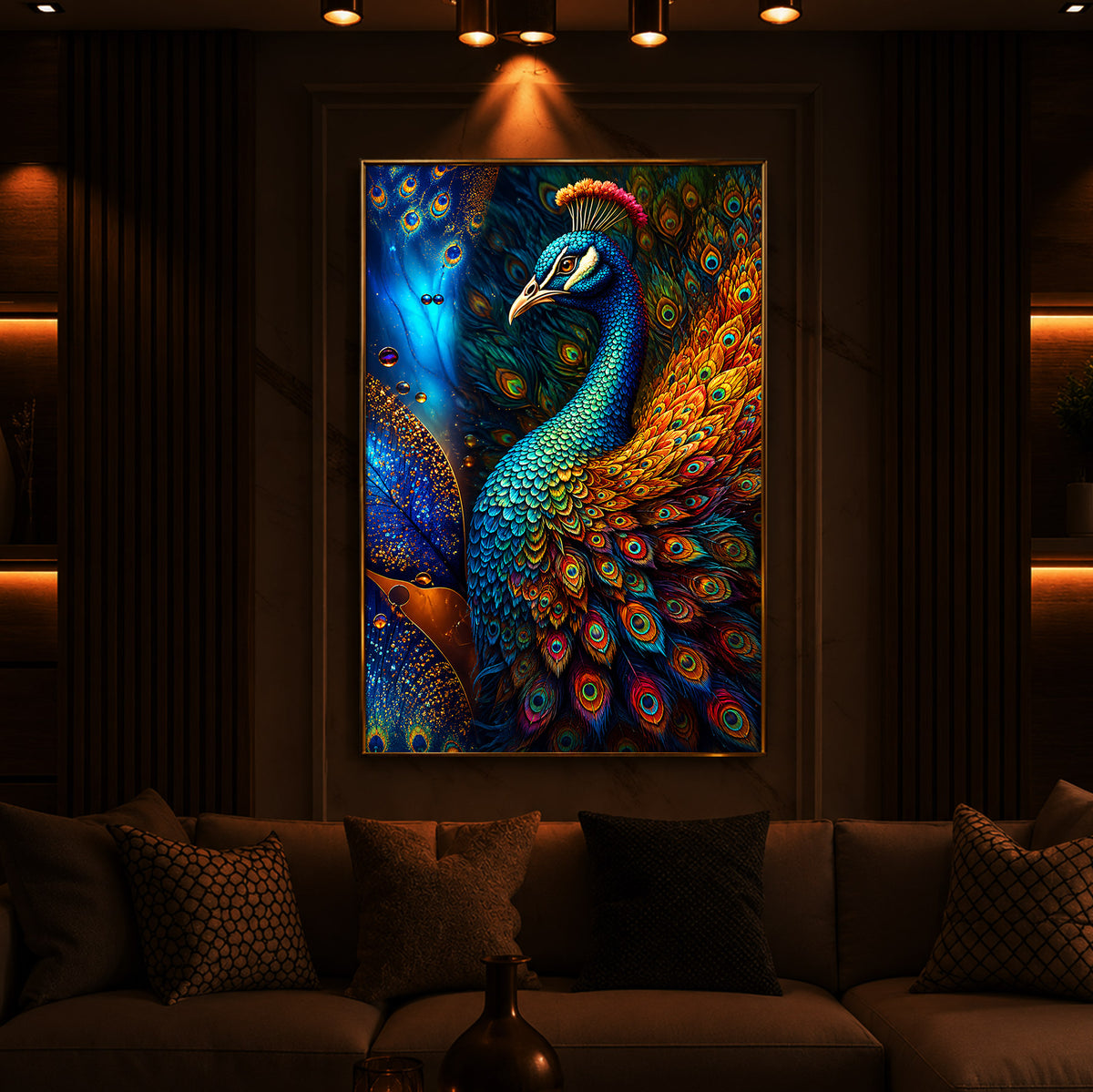 Majestic Regal Peacock Feathers Modern Luxury Backlight Vertical Wall Art