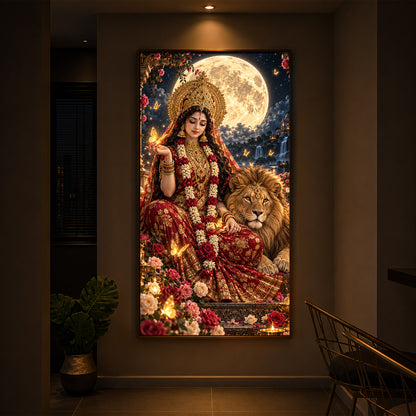 Maa Durga Moonlit Modern Luxury Backlight Vertical Wall Art
