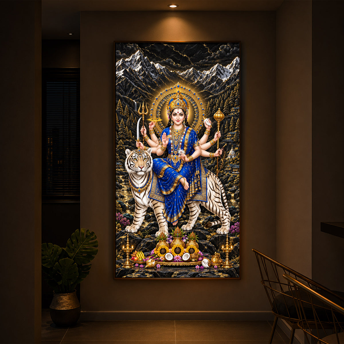 Maa Durga In Blue Saree Modern Luxury Backlight Vertical Wall Art