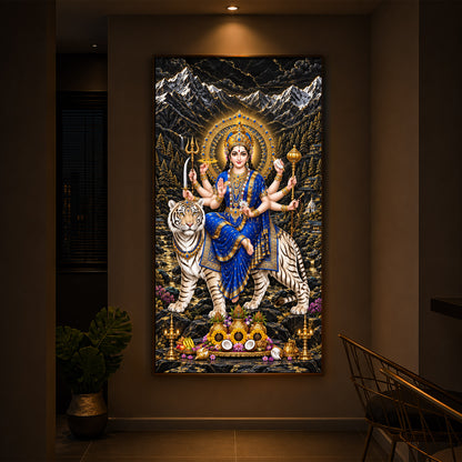 Maa Durga In Blue Saree Modern Luxury Backlight Vertical Wall Art