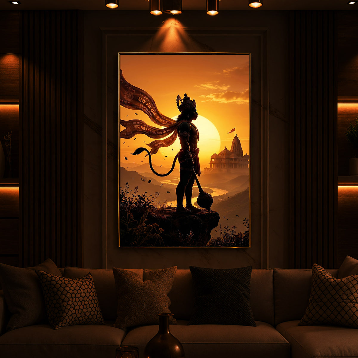 Lord Hanuman With Sunrise Modern Luxury Backlight Vertical Wall Art