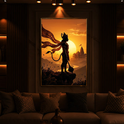 Lord Hanuman With Sunrise Modern Luxury Backlight Vertical Wall Art