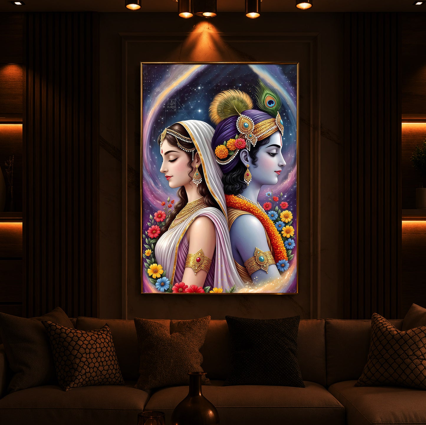 Lord Sri Radhe Krishna Modern Luxury Backlight Vertical Wall Art