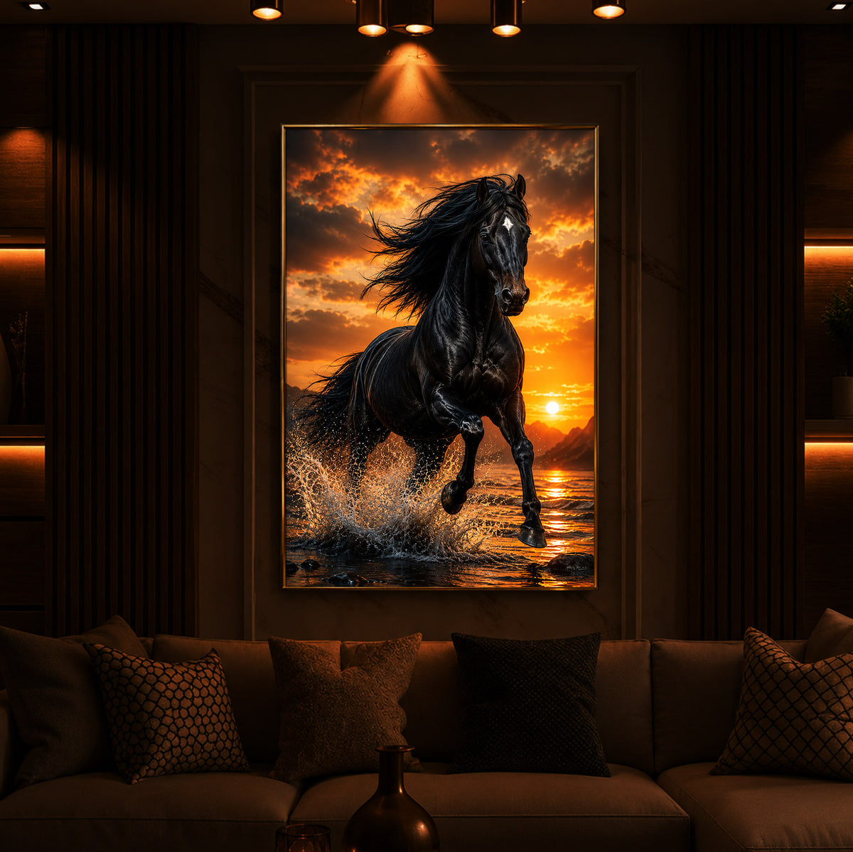 Vastu Black horse Modern Luxury Backlight Vertical Wall Art