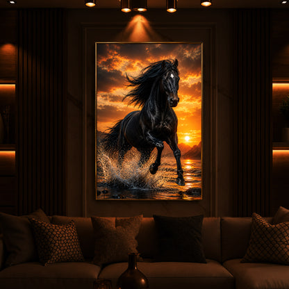 Vastu Black horse Modern Luxury Backlight Vertical Wall Art