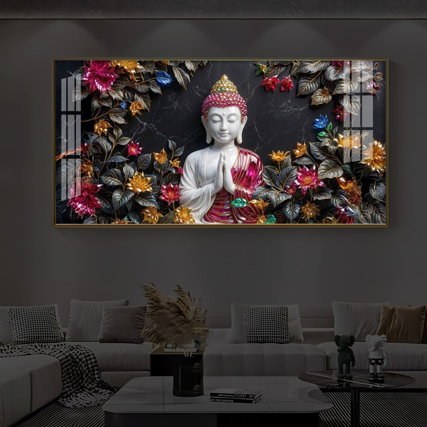 White Buddha With Pink Lotus Modern Luxury Backlight Horizontal Wall Art