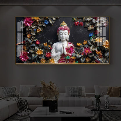 White Buddha With Pink Lotus Modern Luxury Backlight Horizontal Wall Art