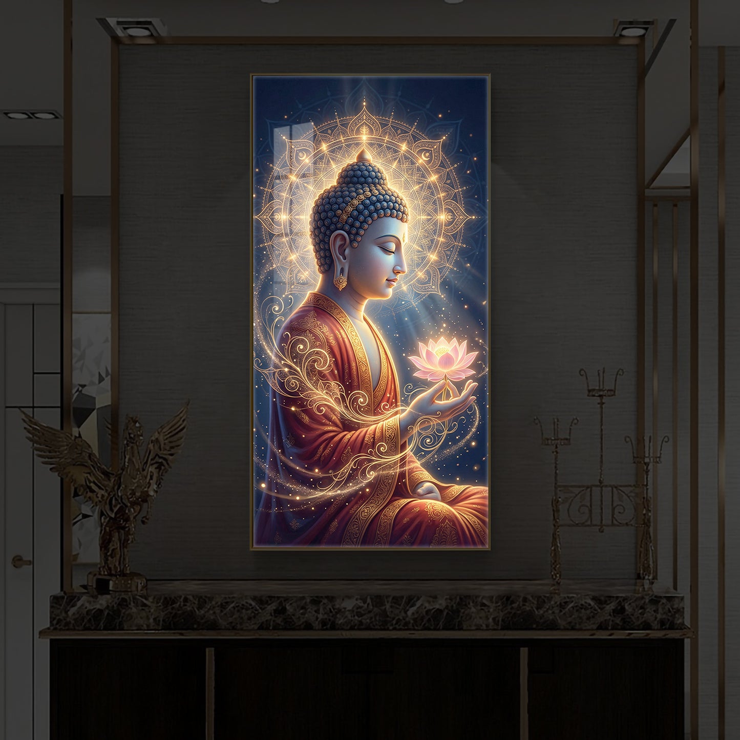 Depiction Of Buddha Modern Luxury Backlight Vertical Wall Art