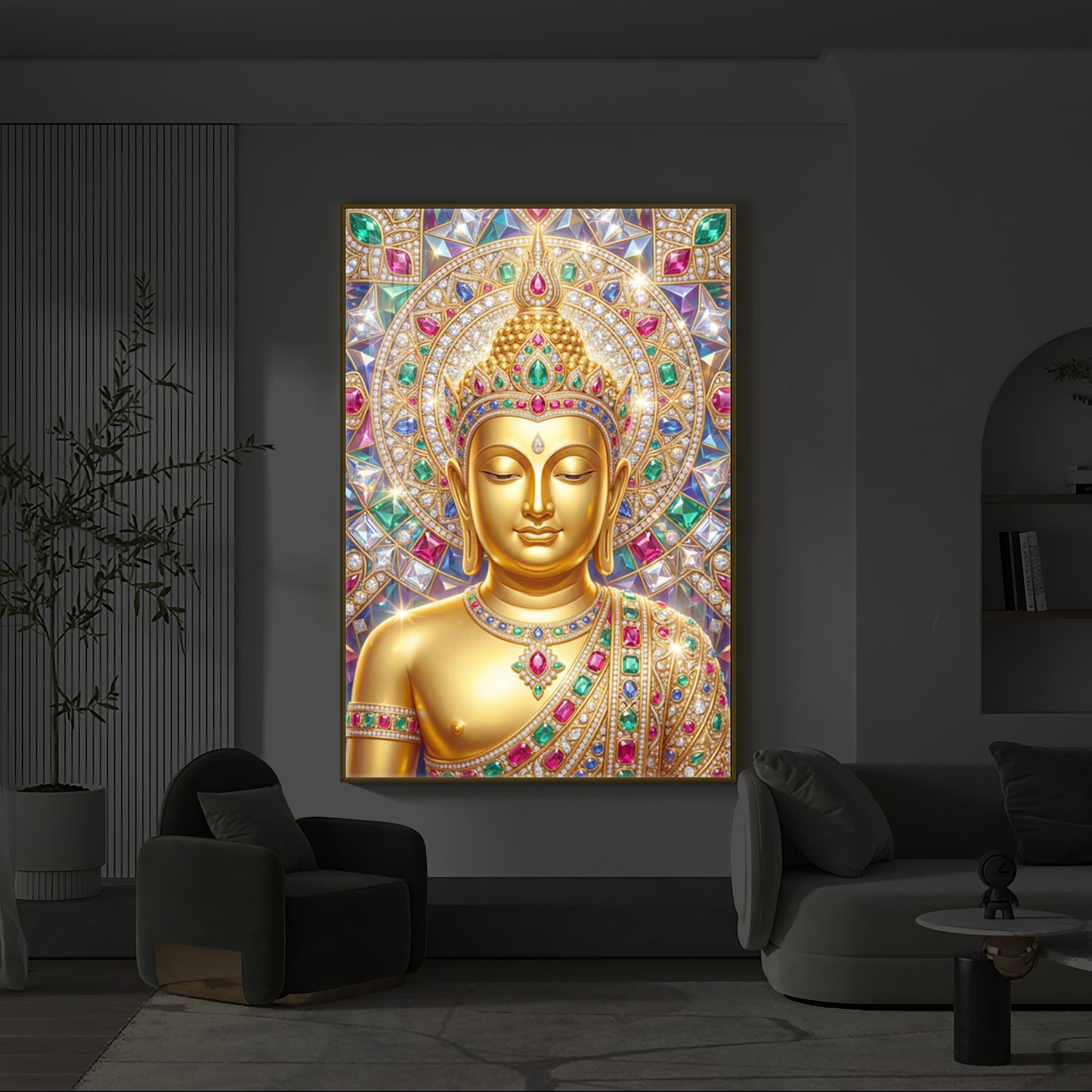 Exquisite Golden Buddha Modern Luxury Backlight Vertical Wall Art