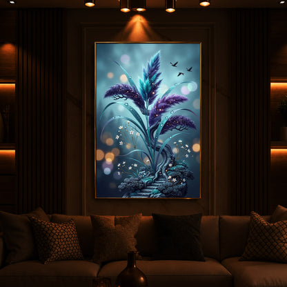 Mystical Purple Feather Plant Modern Luxury Backlight Vertical Wall Art