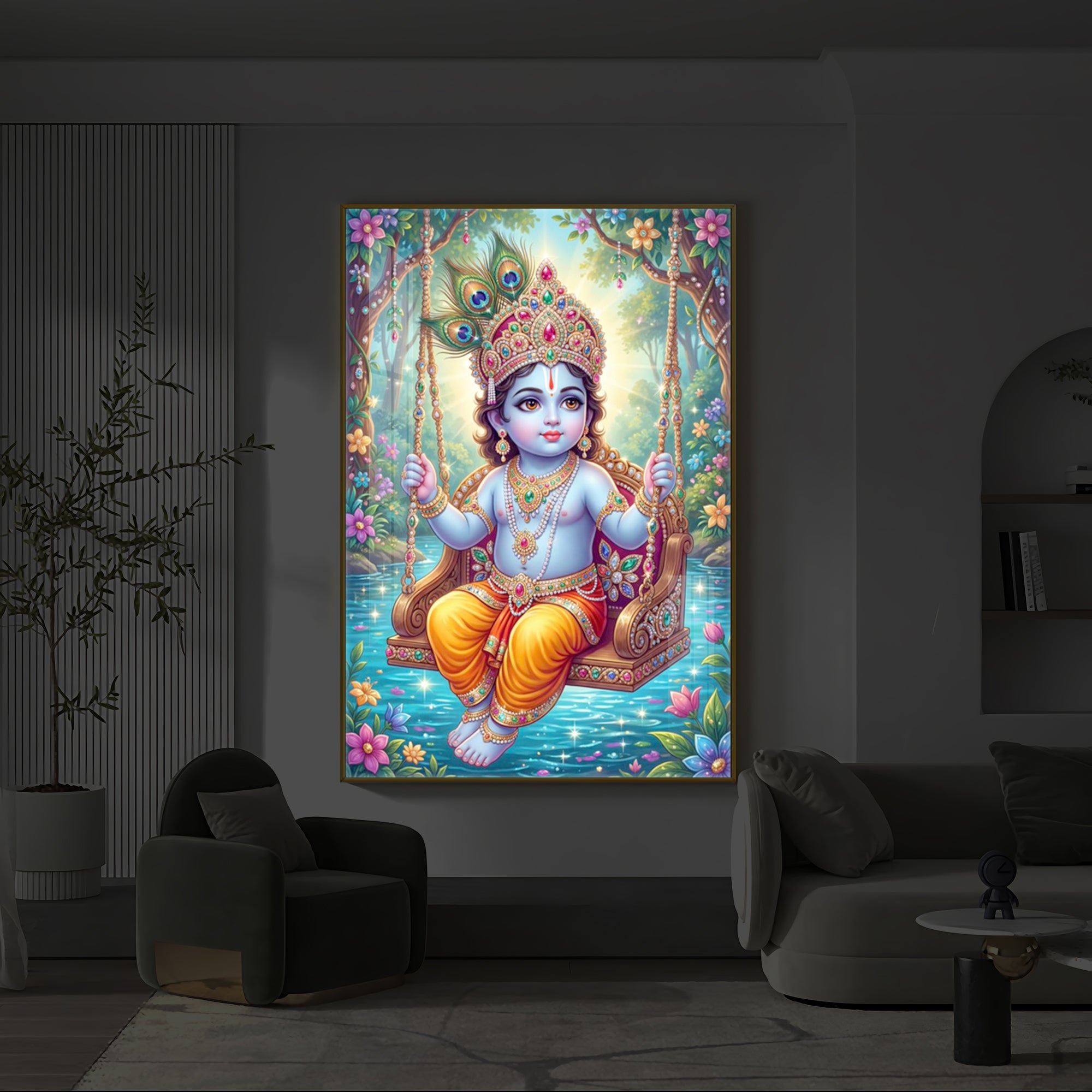 Divine Lord Krishna Modern Luxury Backlight Vertical Wall Art