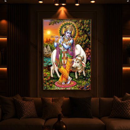 Lord Krishna Playing The Flute Modern Luxury Backlight Vertical Wall Art