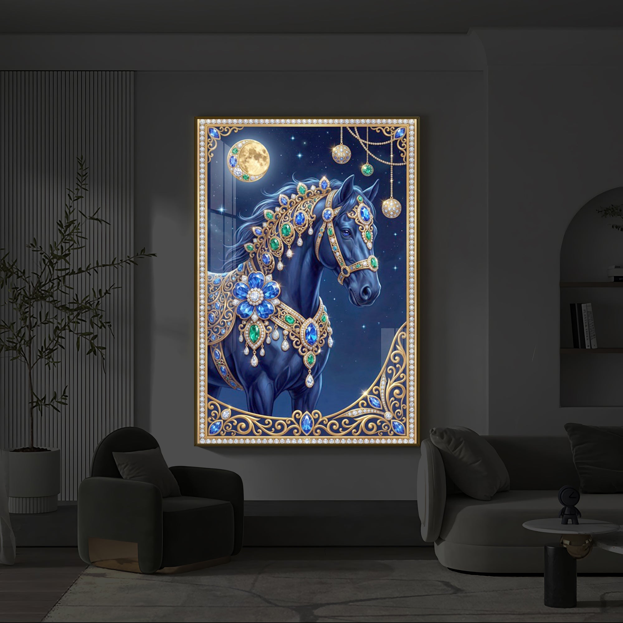 Black Horse Modern Luxury Backlight Vertical Wall Art