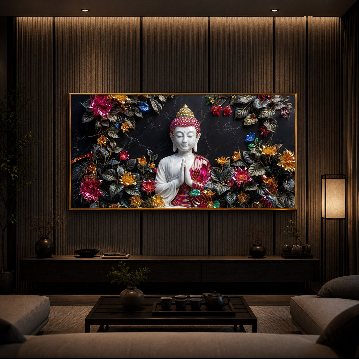 White Buddha With Pink Lotus Modern Luxury Backlight Horizontal Wall Art