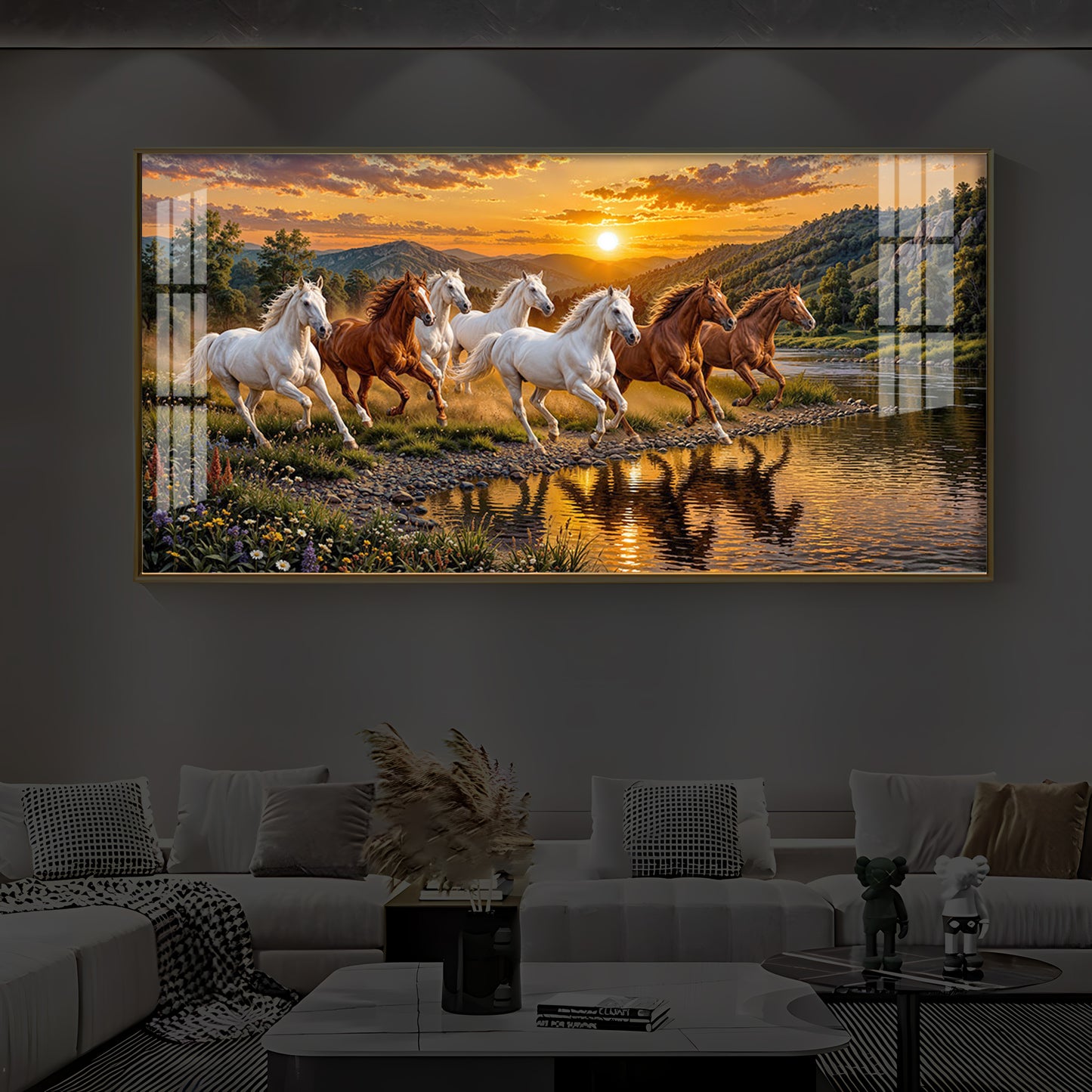 Seven Running Horses With Sunset Splash Modern Luxury Backlight Horizontal Wall Art