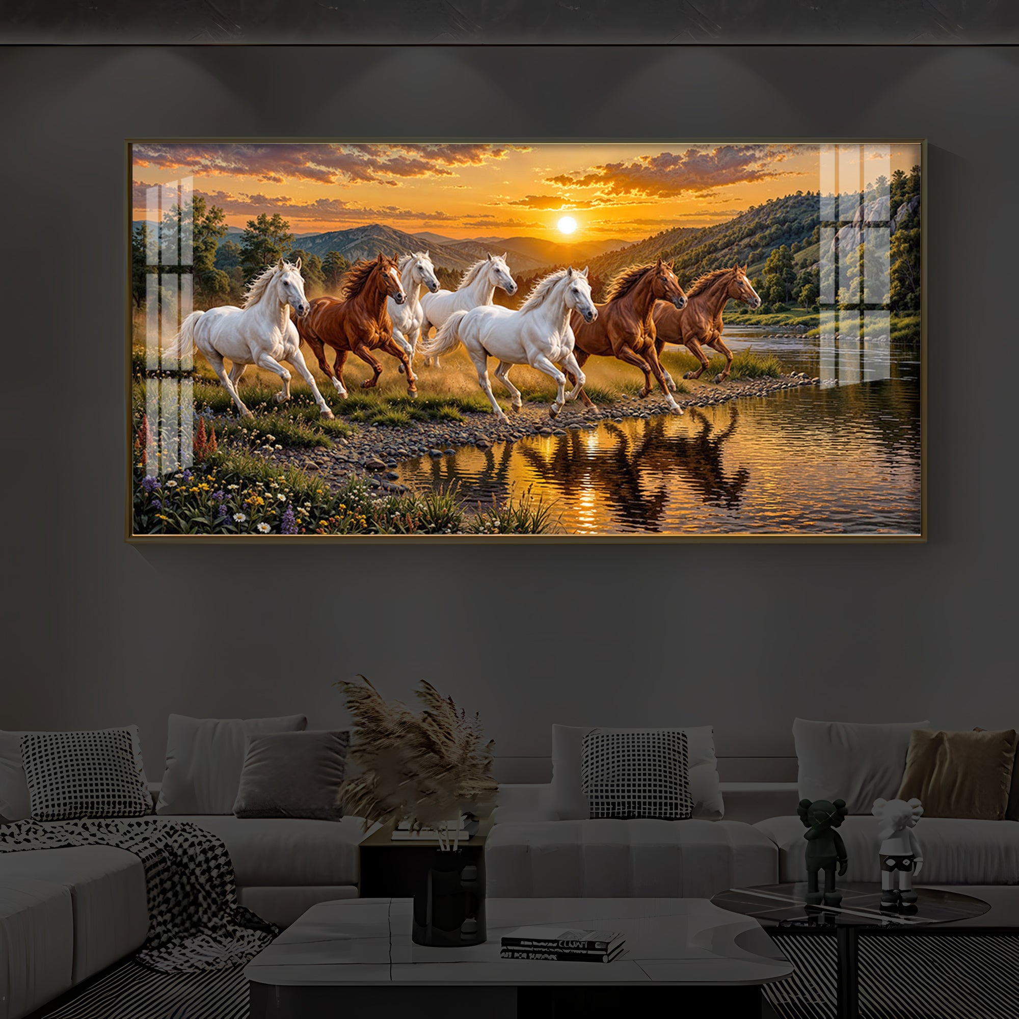 Seven Running Horses With Sunset Splash Modern Luxury Backlight Horizontal Wall Art