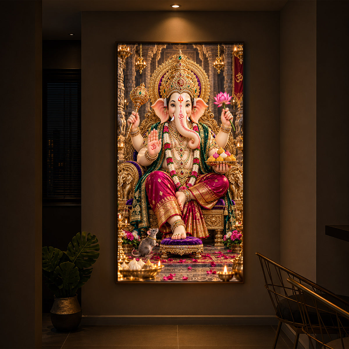 Ganapati Bappa Golden Throne Modern Luxury Backlight Vertical Wall Art