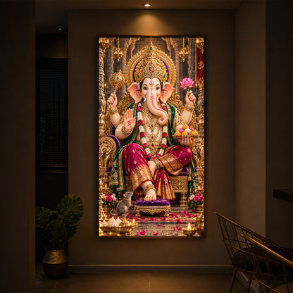 Ganapati Bappa Golden Throne Modern Luxury Backlight Vertical Wall Art