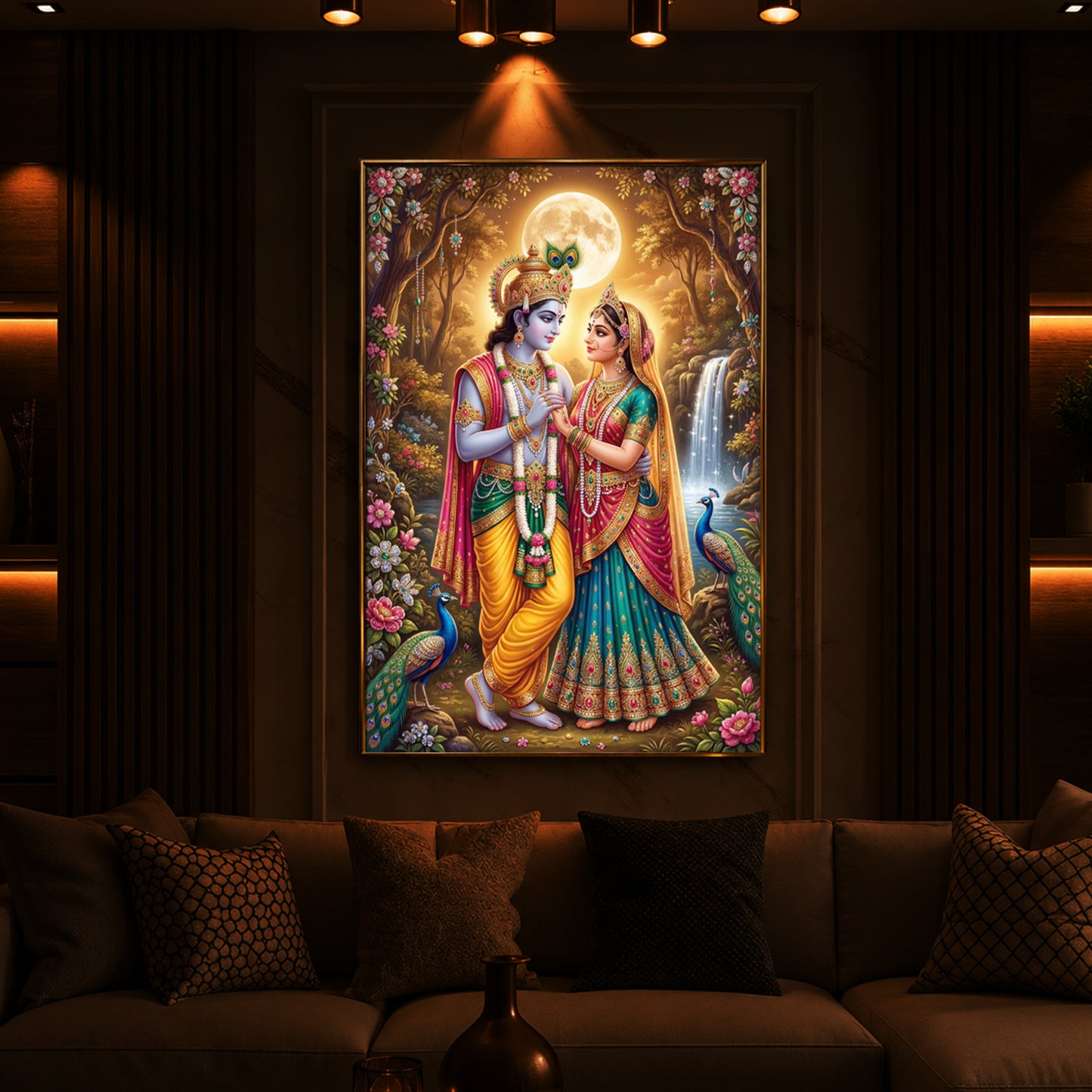 Radha Krishna in Vrindavan Garden Modern Luxury Backlight Vertical Wall Art